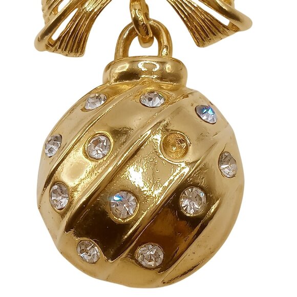 Christmas Brooch Bow & Ornament Gold Tone Metal Rhinestone Dangle Lapel Pin - Picture 3 of 7